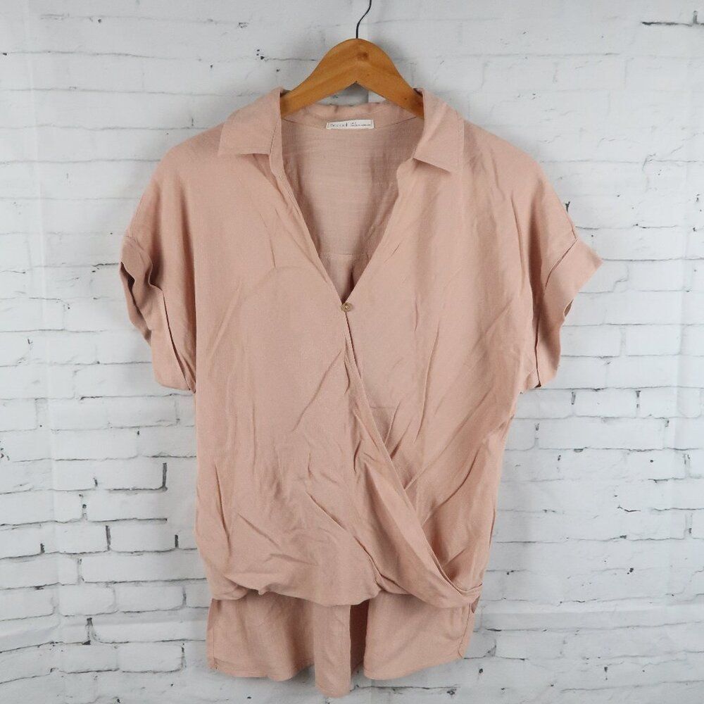 BE COOL DUSTY PINK V NECK SHORT SLEEVE MOCK WRAP HIGH LOW TOP SIZE SMALL